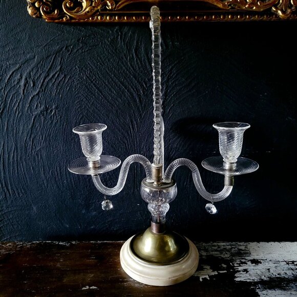 Antique Blown Glass and Brass Two-Arm Candelabra with Marble Base - Picture 3 of 9